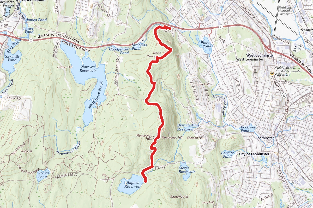 Monoosnoc Ridge Trail from West St Leominster to Haynes Reservoir