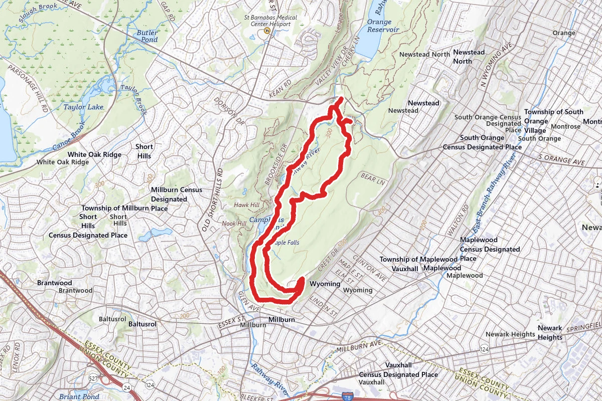 Hemlock Falls Trail via Lenape (Yellow) Trail, Rahway Trail (White) and River Trail