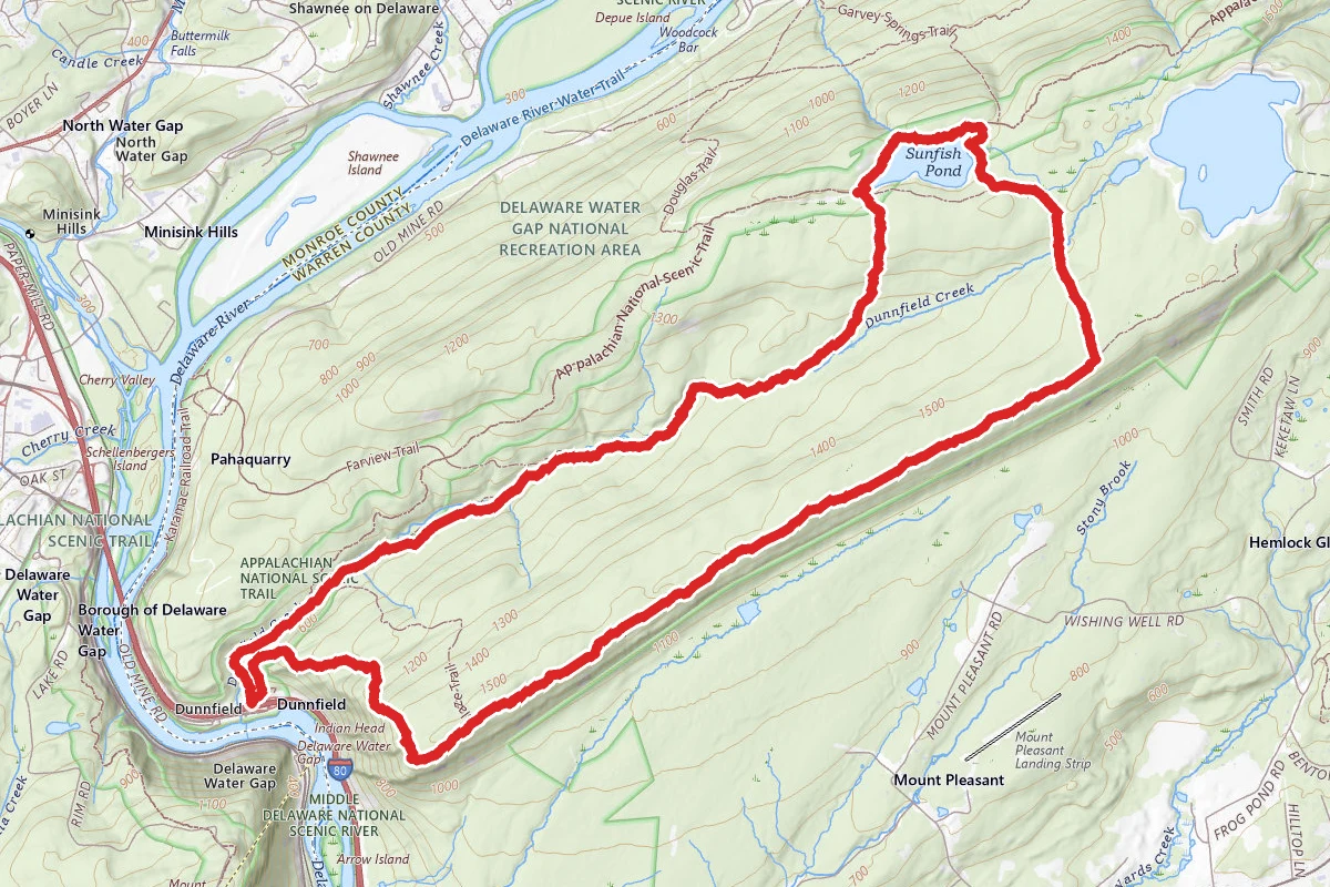 Sunfish Pond via Red Dot, Tammany Fire Road, Turquoise, and Dunnfield Creek Trails Loop