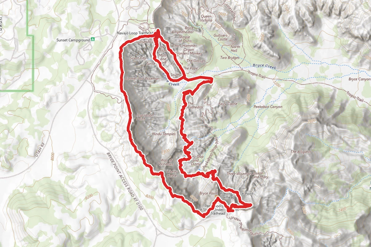 Peekaboo Loop, Wall Street, and Rim Trails