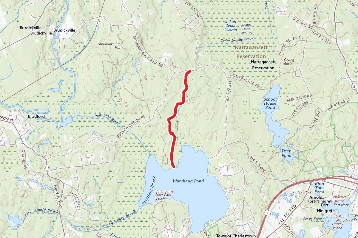Shumunkanuc Road Trail to Watchaug Pond