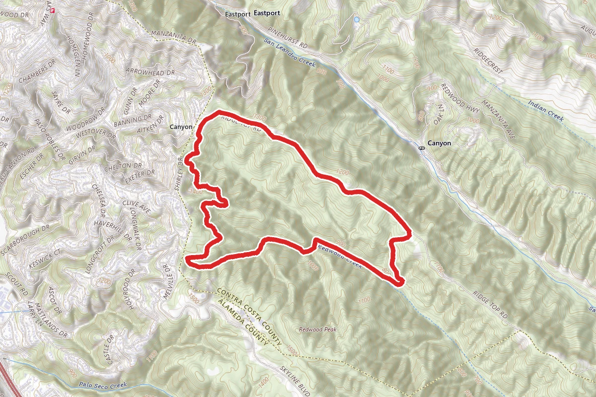 West Ridge, Tres Sendas, Stream Trail, Prince Trail, and East Ridge