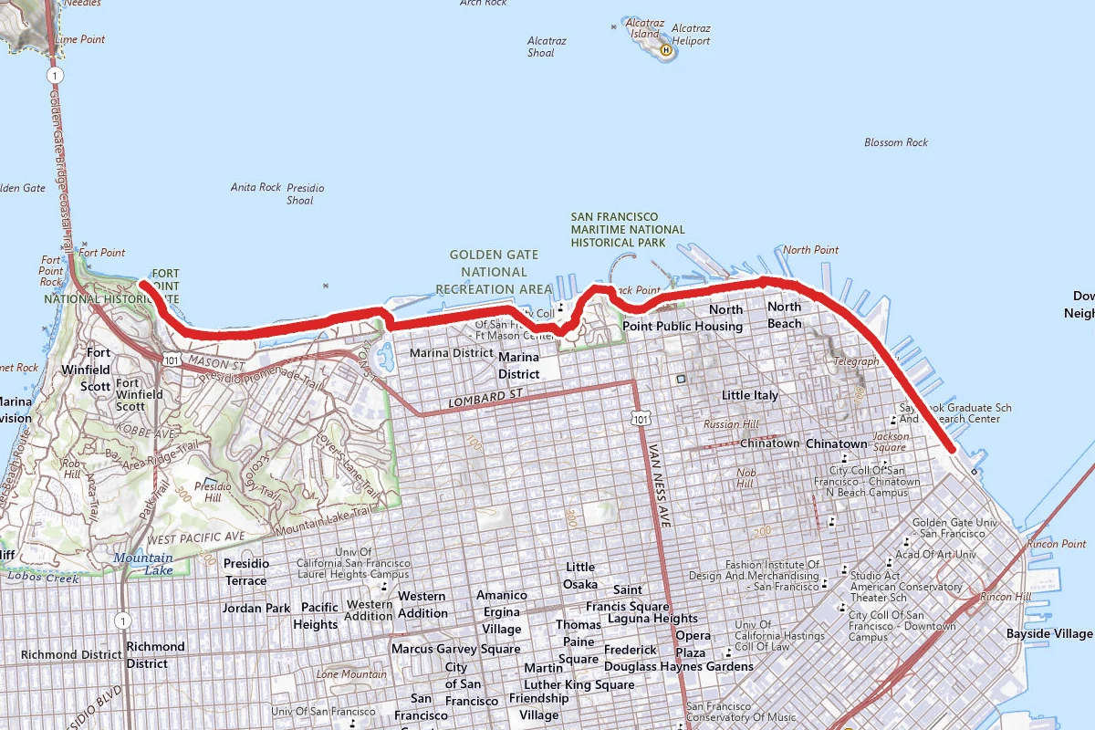Ferry Building to Marina Green, Crissy Field, and the Golden Gate Bridge