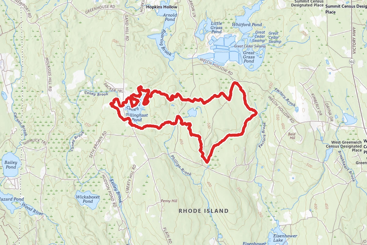 Tillinghast Pond Grand Loop via White, Green, Yellow, and Blue Trails