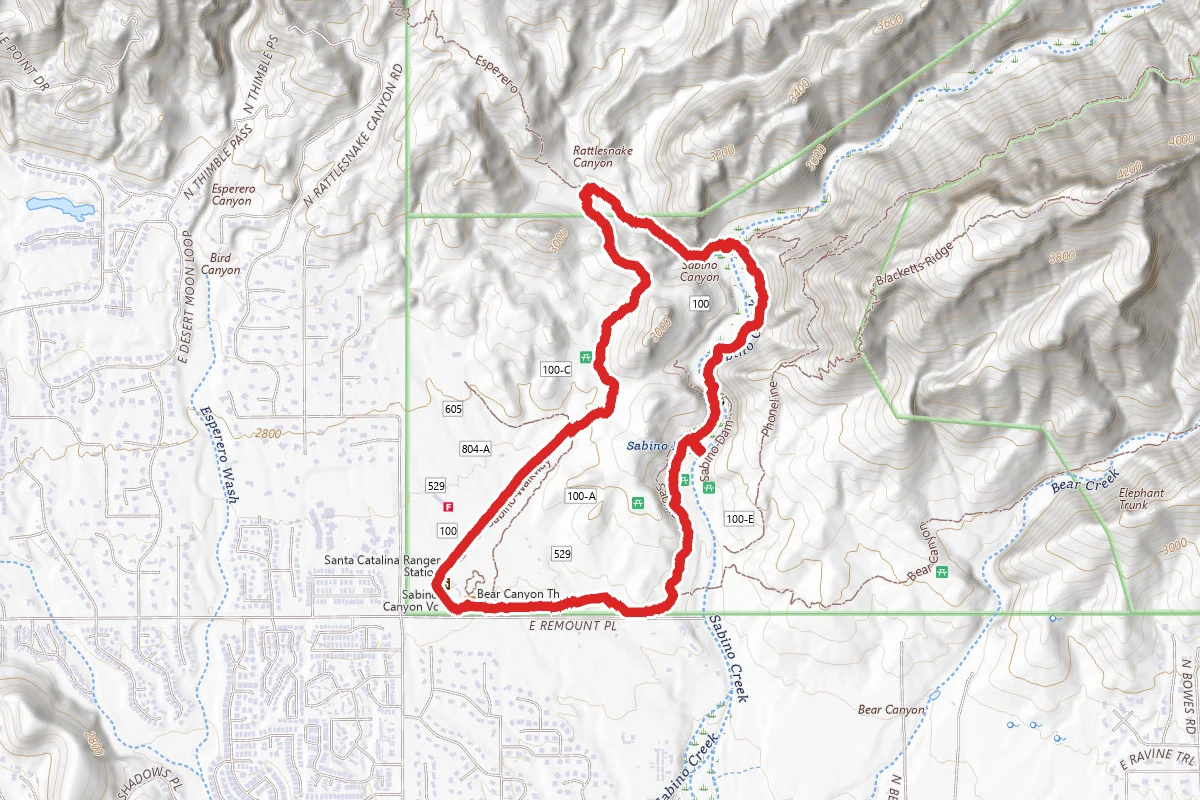 Sabino Lake (#30), Creek Trail (#52), Rattlesnake Trail (#50), and Esperero Trail (#25)