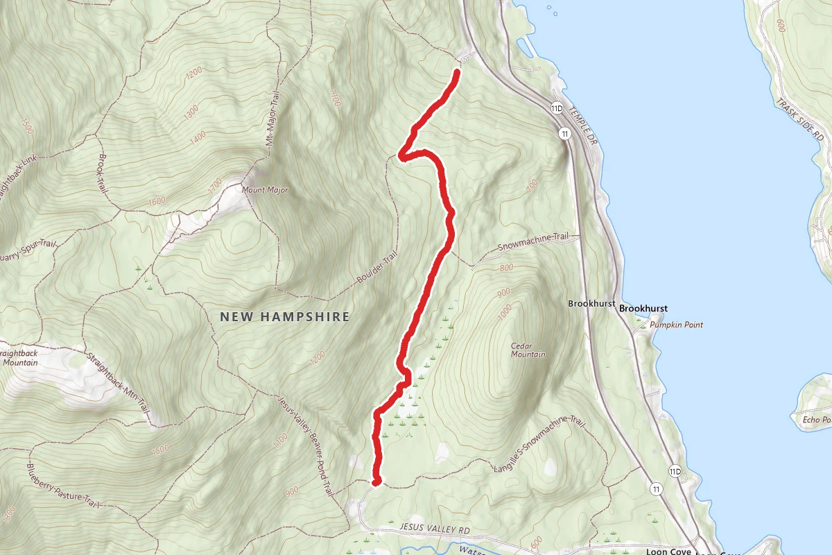 Snowmobile Trail (red) to Boulder Loop Trail (orange)