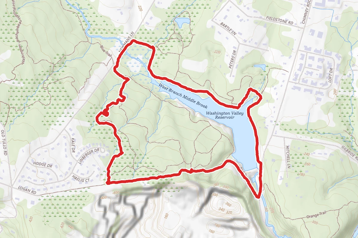 Washington Valley Reservoir Loop via Red, White and Fire Trail