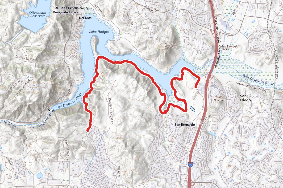 South Shore of Lake Hodges route map