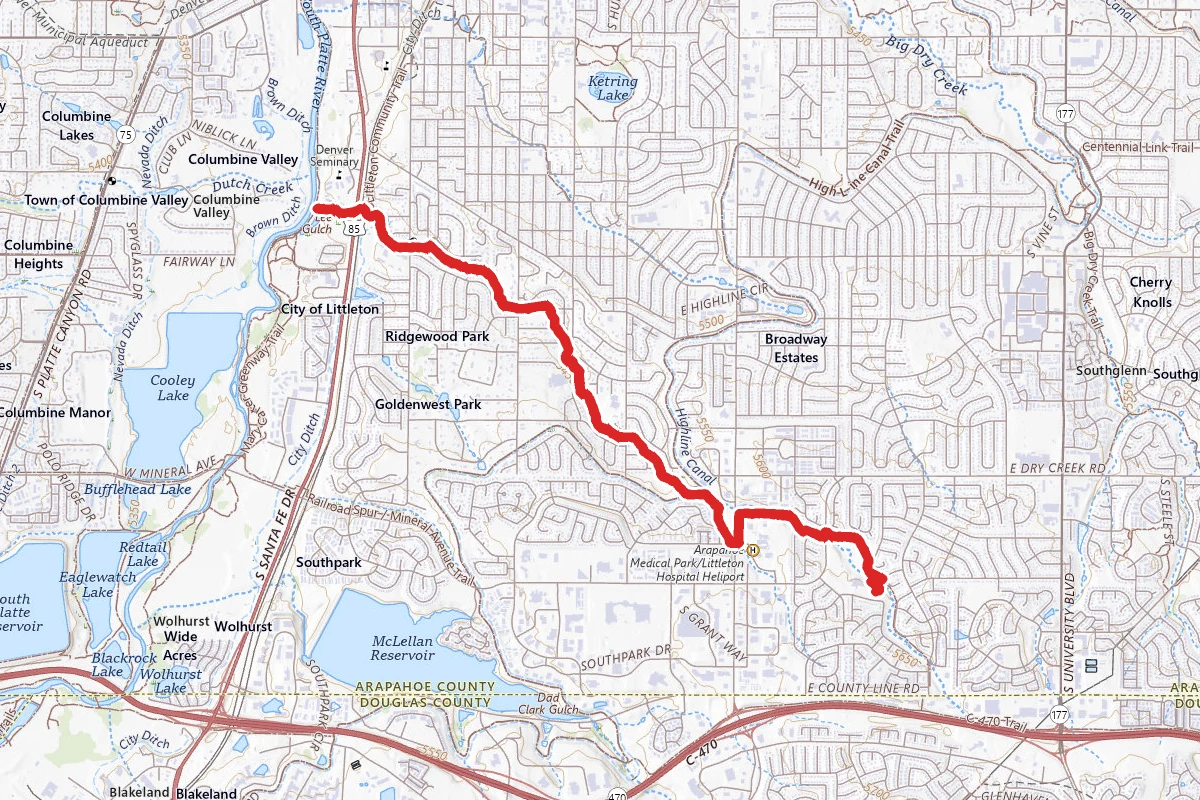 Lee Gulch Trail to the South Platte River route map