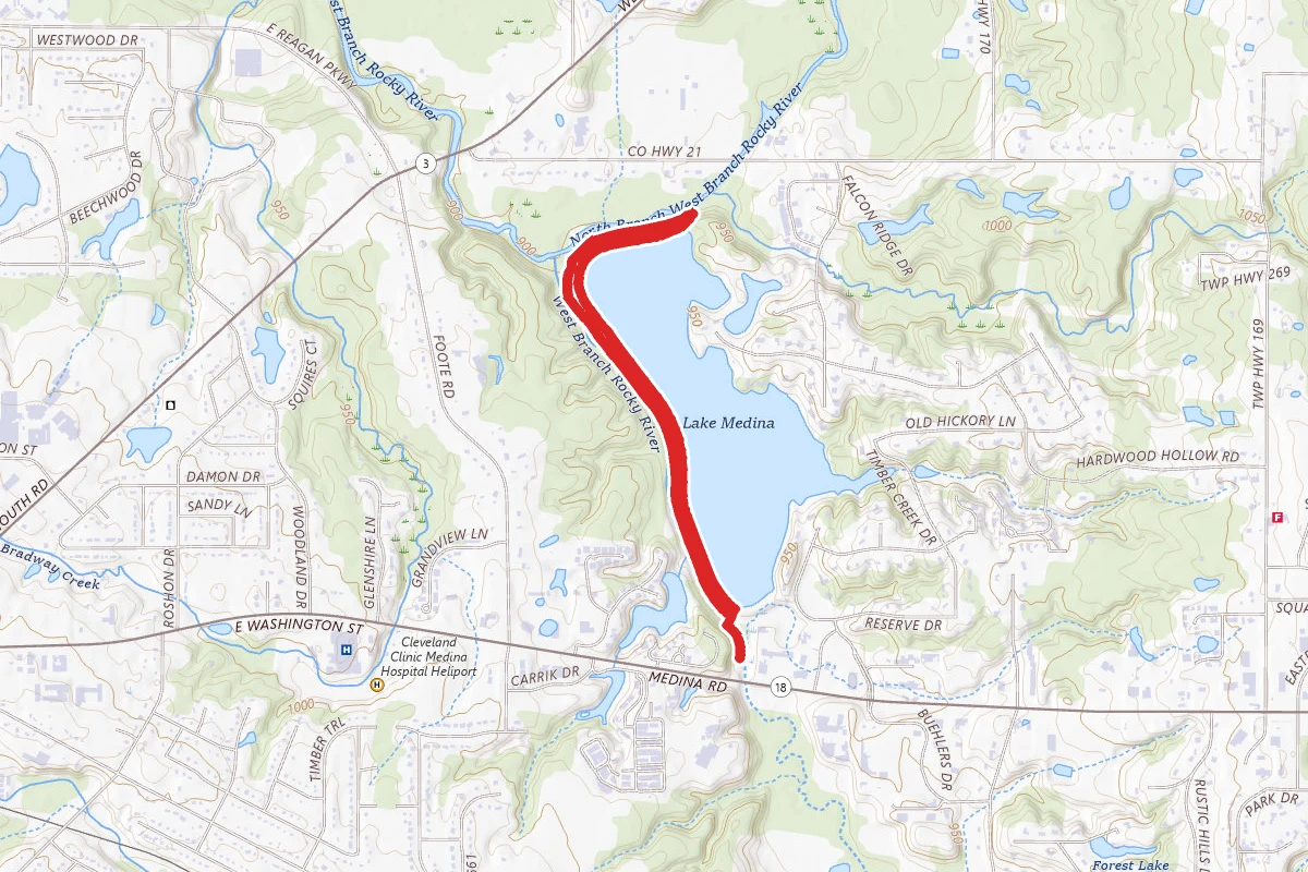 Lake Medina Upper and Lower Trails Loop route map