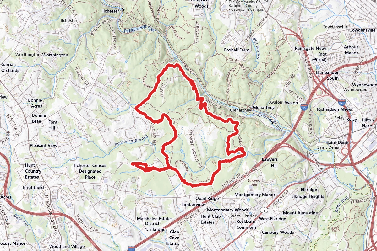 Log, Morning Choice, Lewis and Clark, Cascade Falls, Ridge, Rockburn Branch, Hop the Snake and Belmont Loop