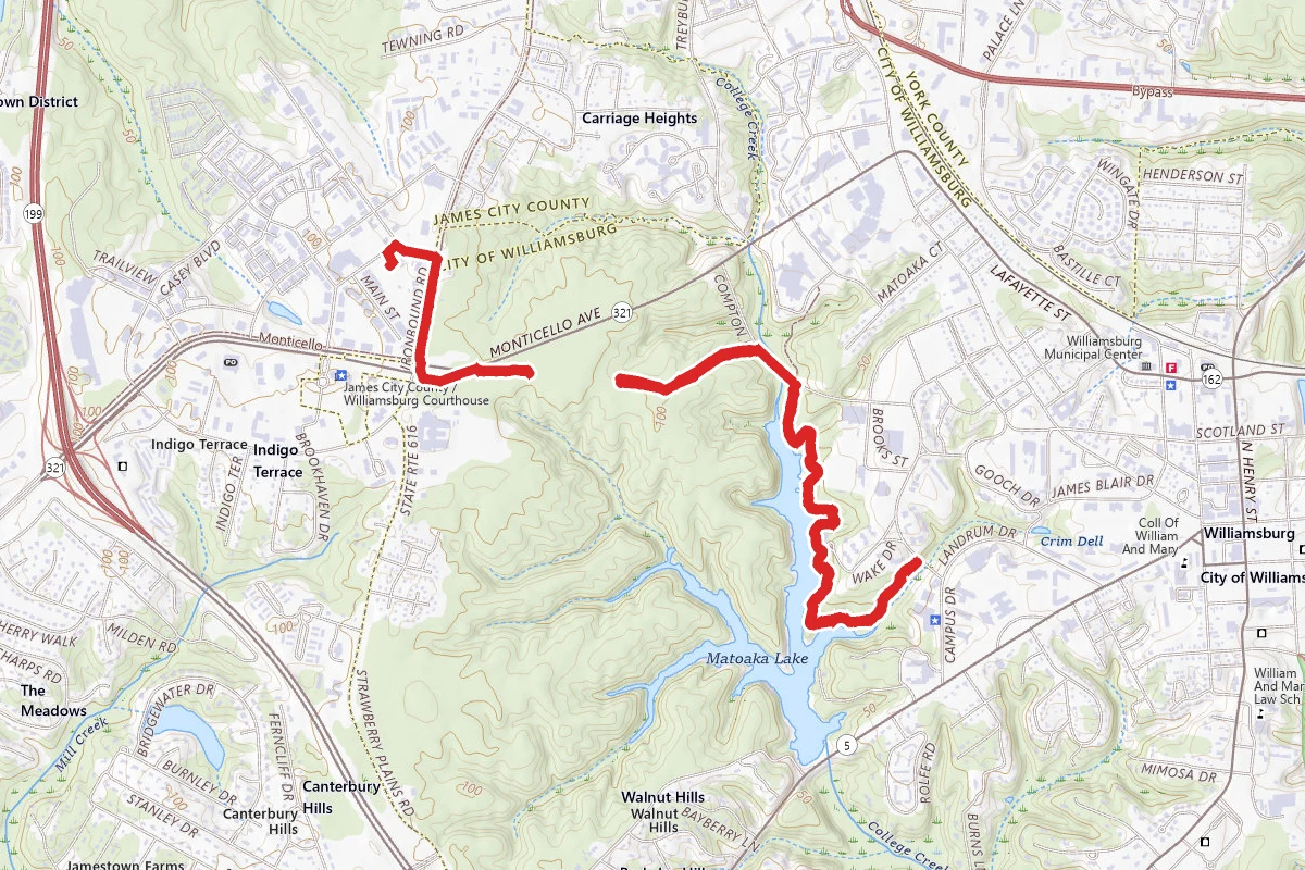 Monticello Trail to Matoaka Lake Trail