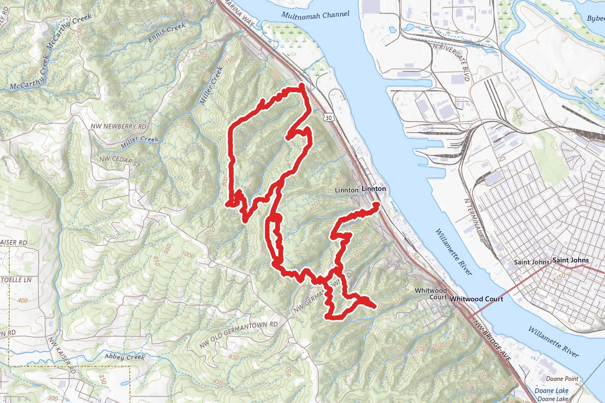 Linnton Trailhead to Wildwood Trail to Northwest BPA Loop & Leaf Erickson
