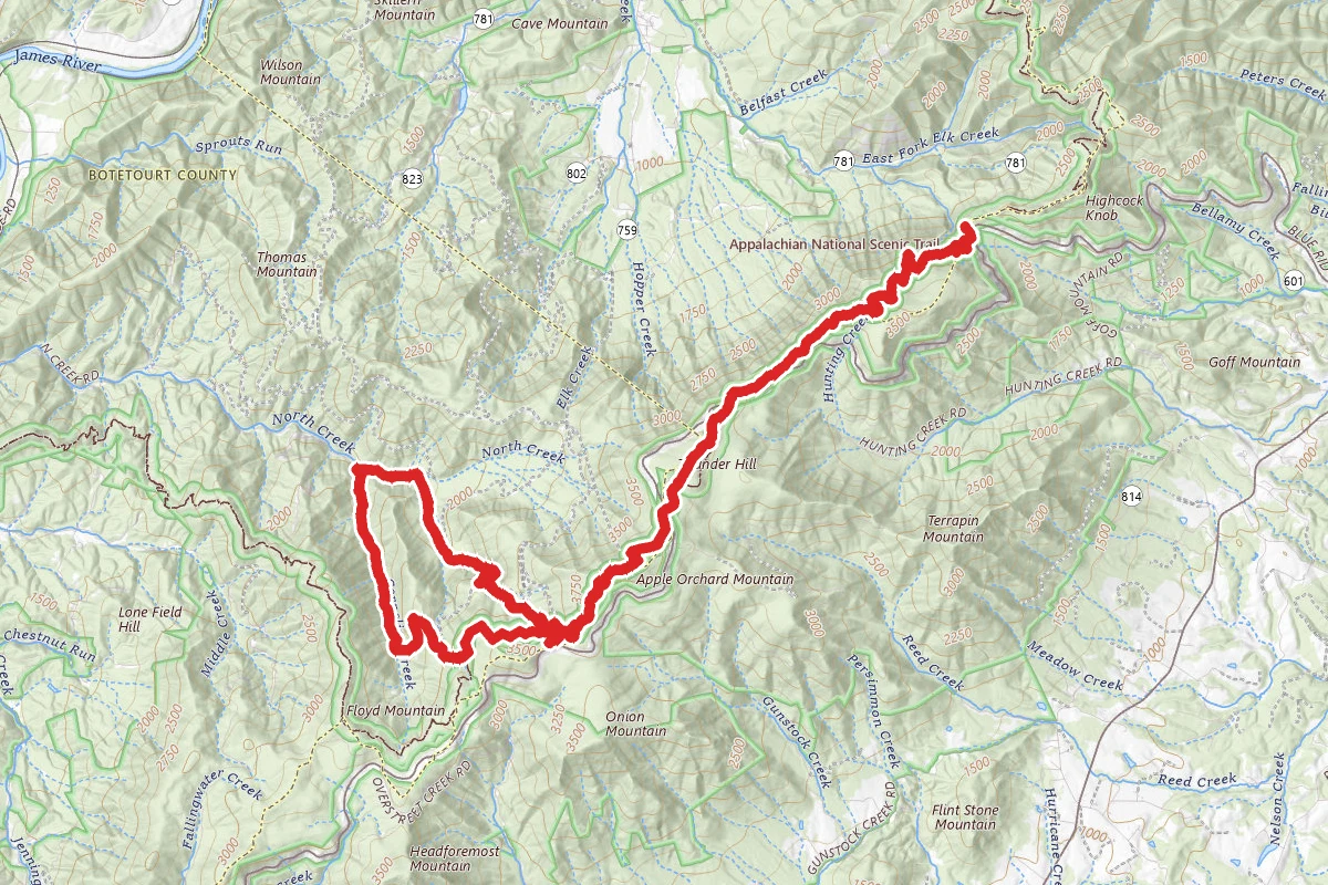 Appalachian Trail to Apple Orchard Falls to Cornelius Creek Loop