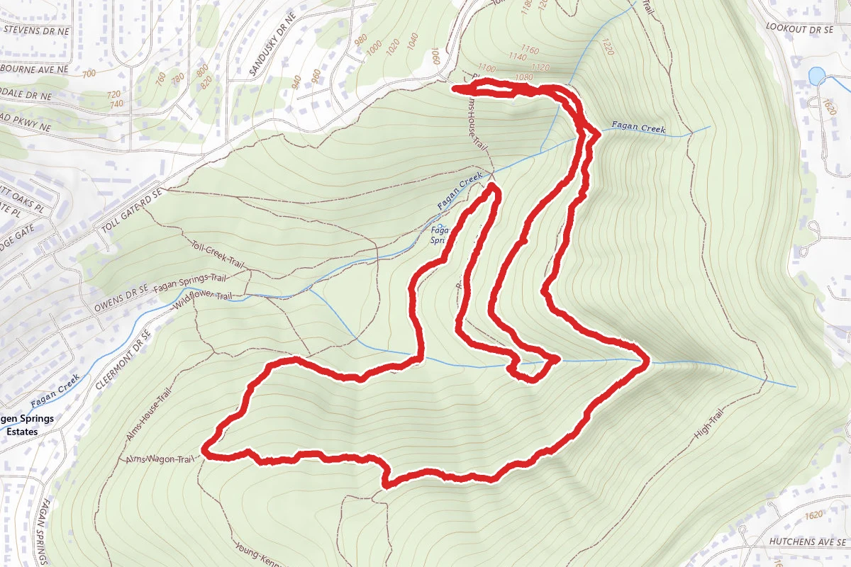 Railroad Bed Trail, Alms House Trail, Wagon Trail, and Bluffline Loop