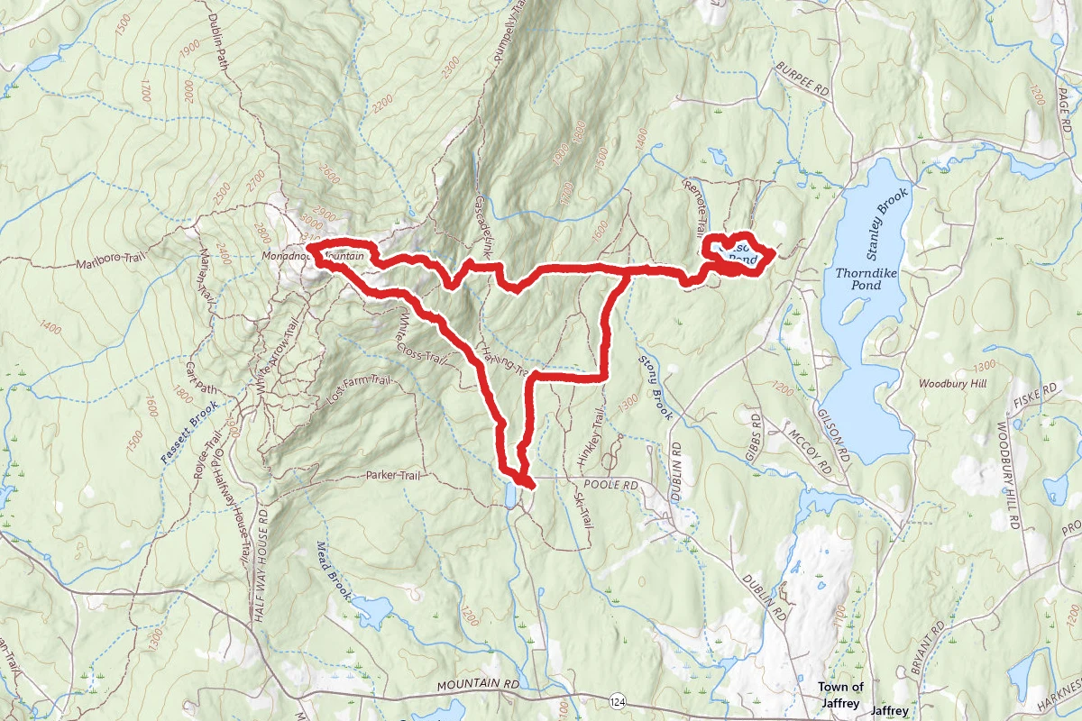 White Dot Trail to Monadnock Mountain, Plupelly Trail, Birchtoft Trail to Pond Loop, Hikley and Harling Trail