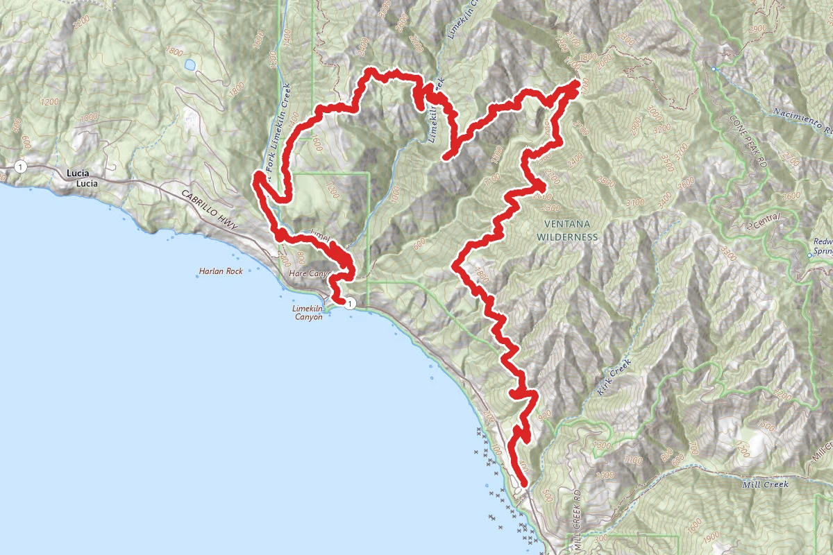 Kirk Creek to Limekiln Creek via Vicente Flat Trail, Stone Ridge Trail, and Twitchell Elevator