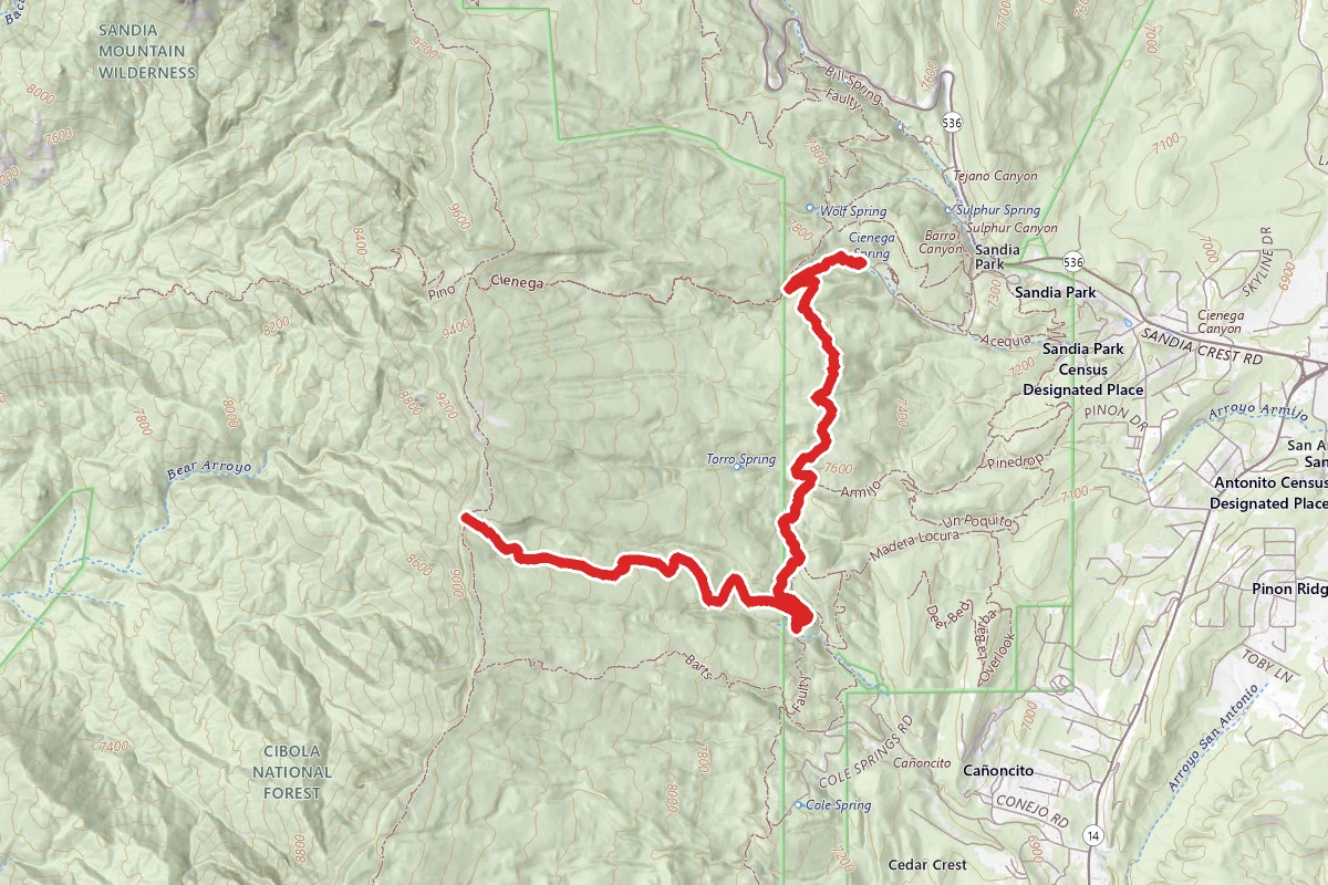 Canoncito Trail (#150) via Cienega Trail (#148) and Faulty Trail (#195)