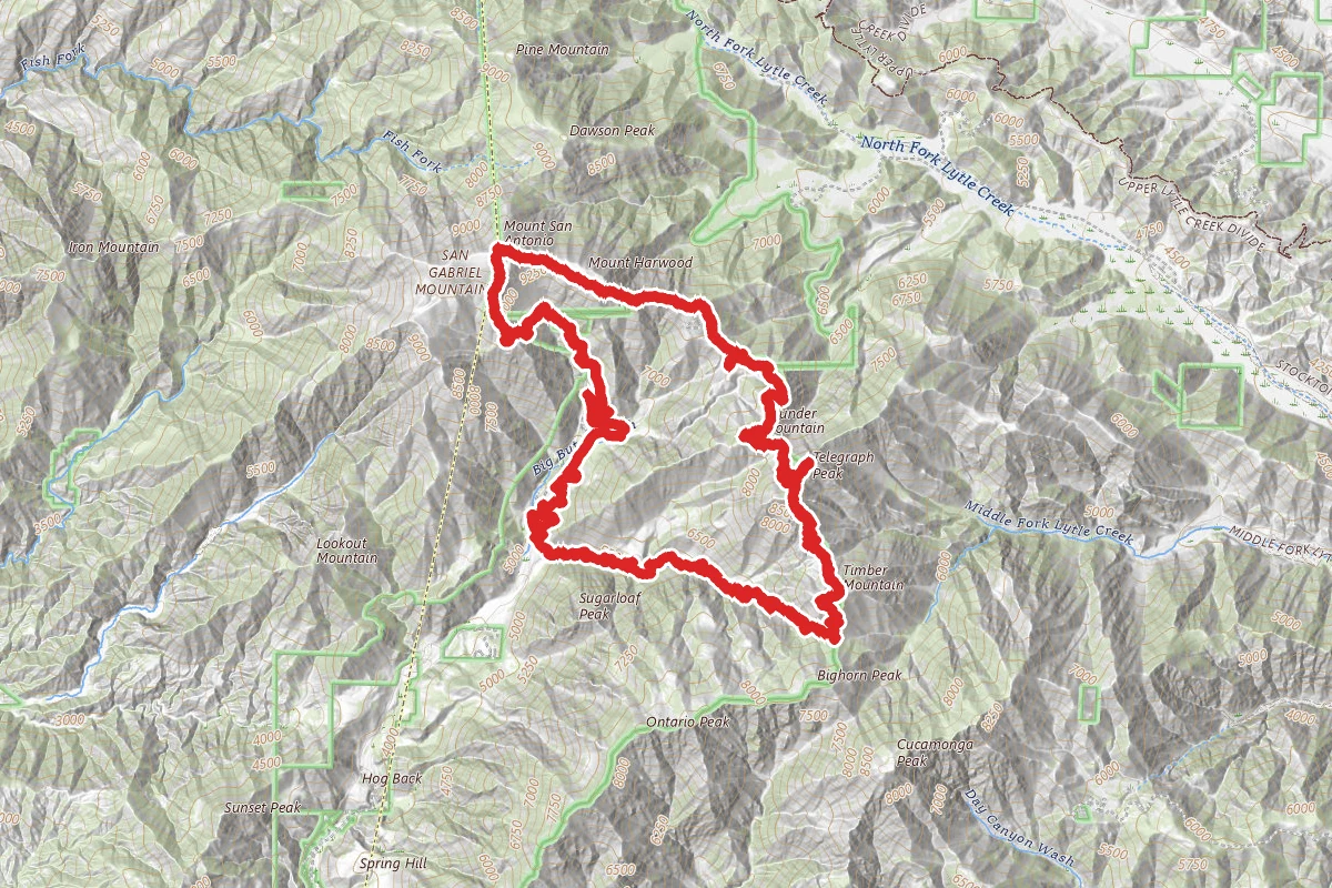 Icehouse Saddle, Timber, Telegraph, Thunder, Mt Baldy, Mt Harwood and Mt San Antonio