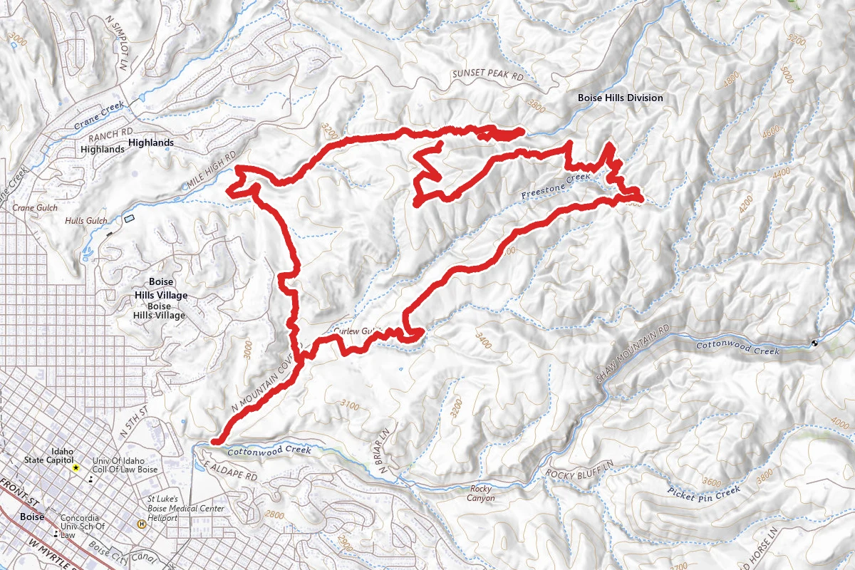 Freestone Trail to Sidewinder Trail to Hulls Gulch Trail to Kestrel Trail Loop