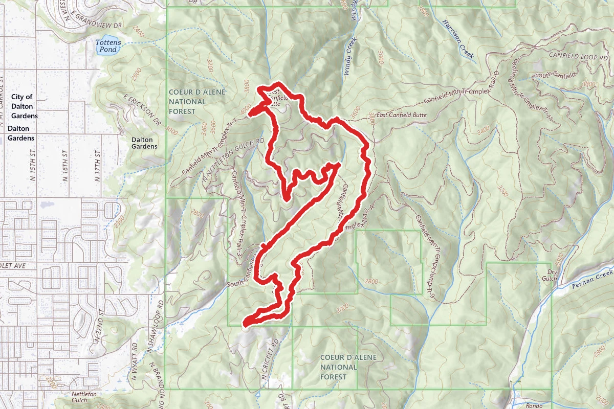 Canfield Mountain Trails 8, Penn, 7, 6, A, and Cave Loop route map