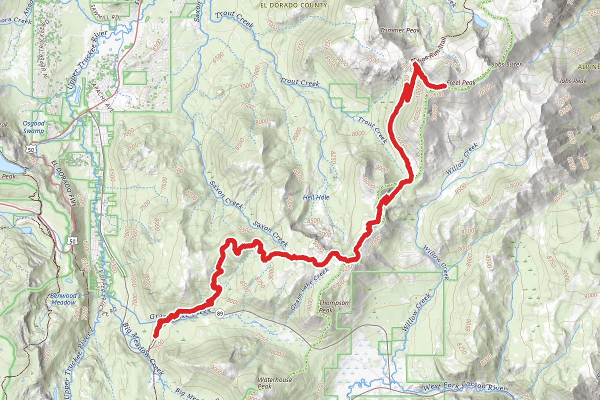 Freel Peak Via Tahoe Rim Trail (Big Meadow) route map