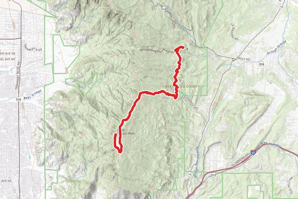 South Sandia Peak via Cienega (#148), Faulty (#195), Bart's (#225), and South Crest Trails (#130)