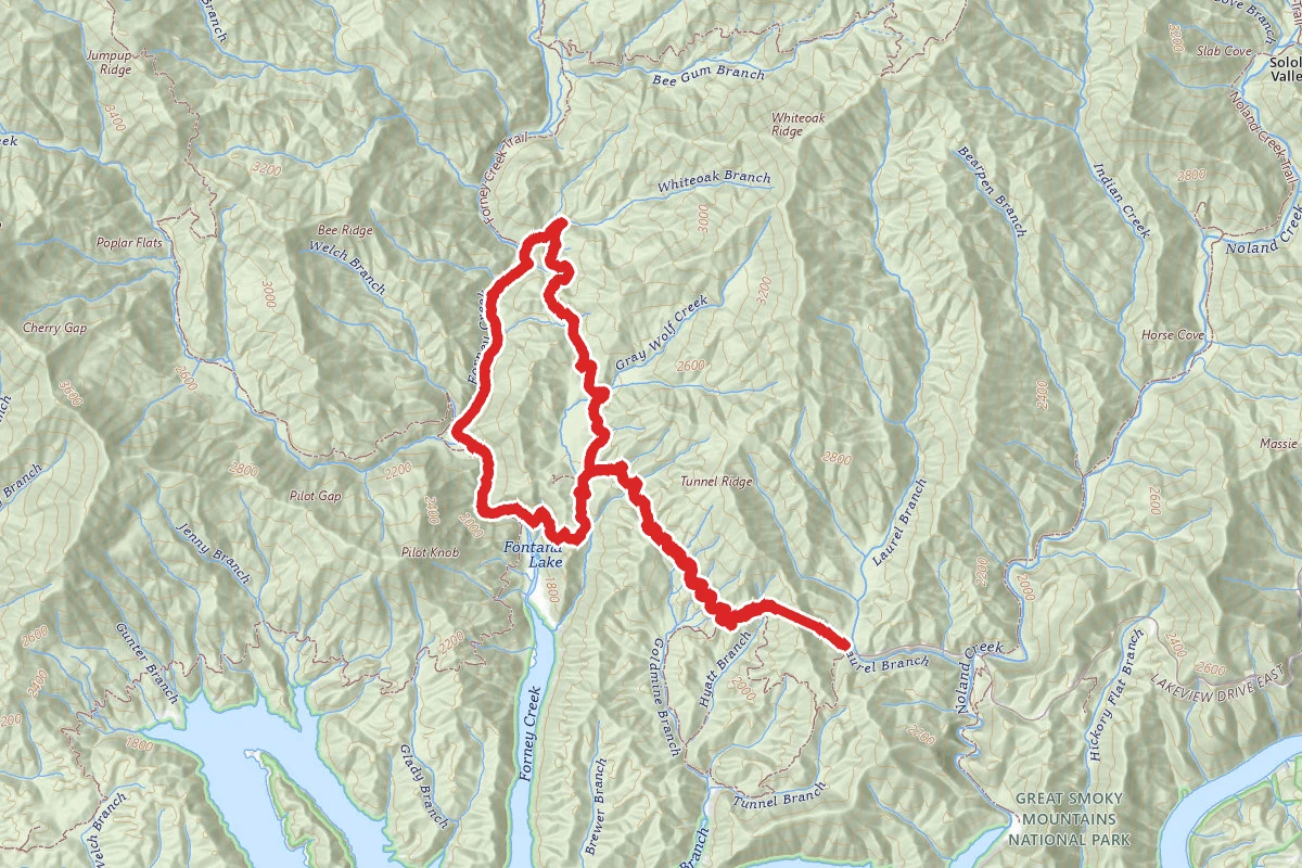 Whiteoak Branch to Forney Creek - Road to Nowhere route map