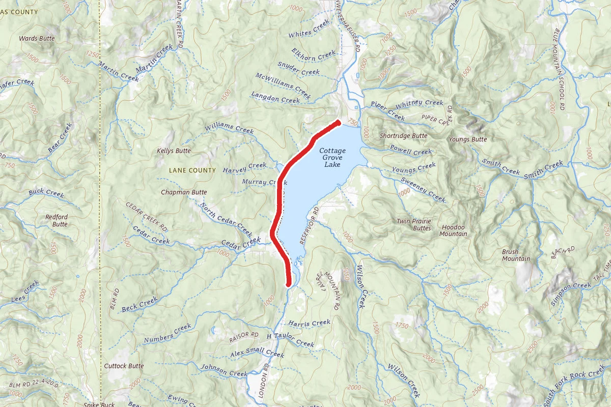 Cottage Grove Lake via Weyerhauser Road route map