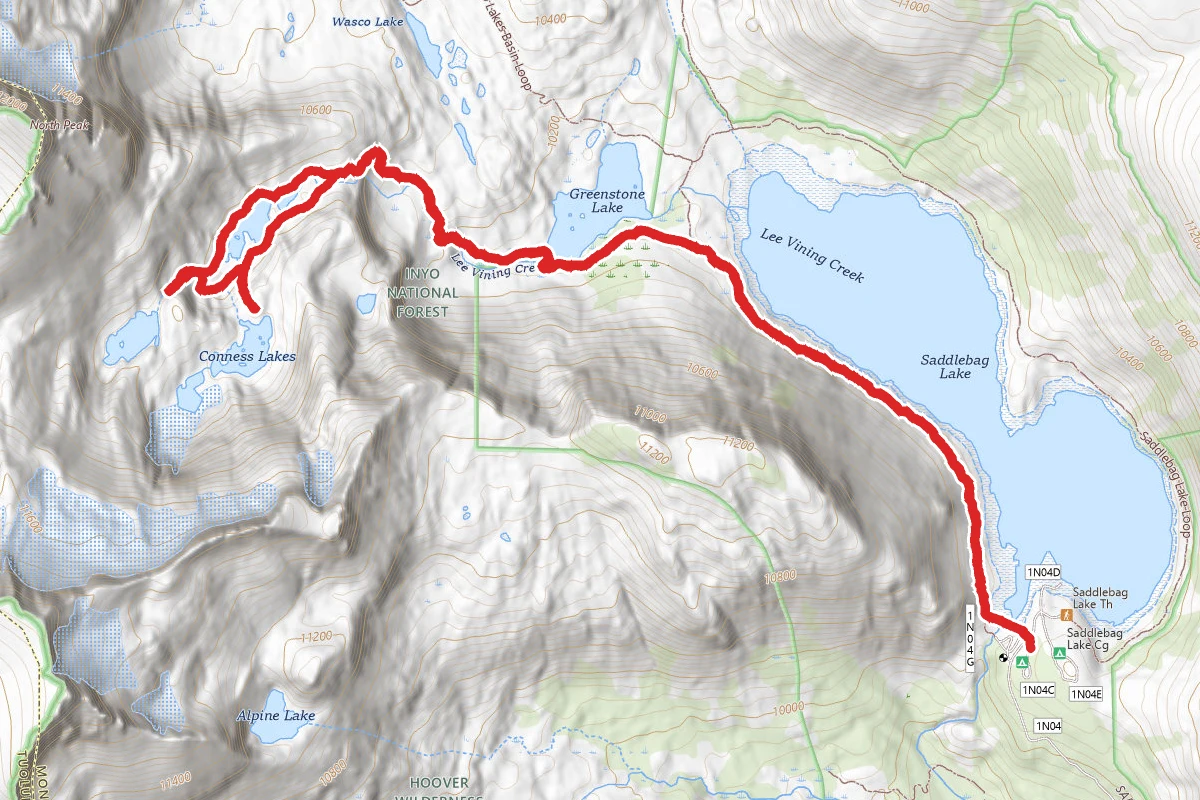 Conness and Cascade Lakes from Saddlebag Lake
