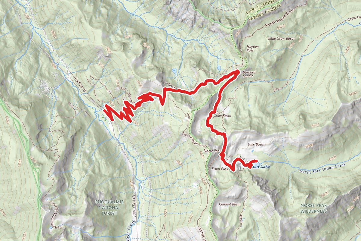 Basin Lake via Norse Peak Trail, Goat Lake Trail, and PCT