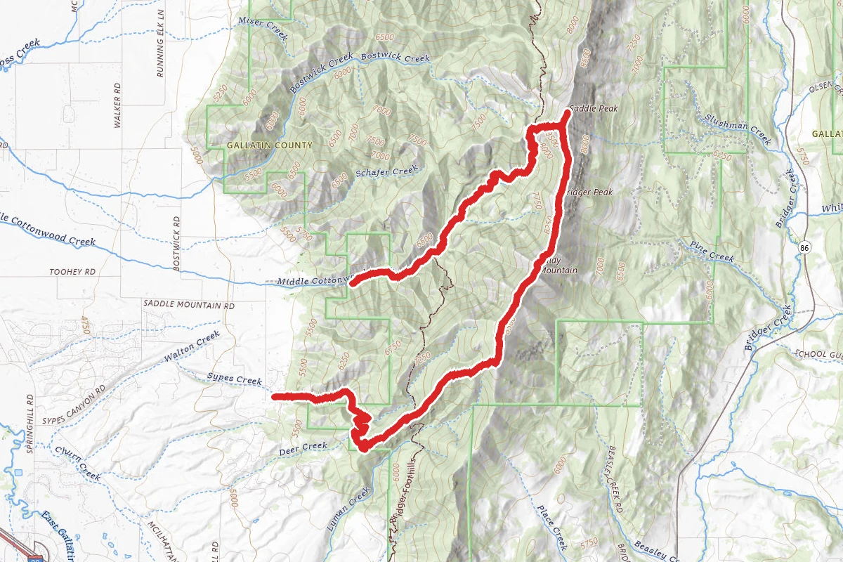 Middle Cottonwood, Saddle Peak, Bridger Peak, and Sypes Canyon route map