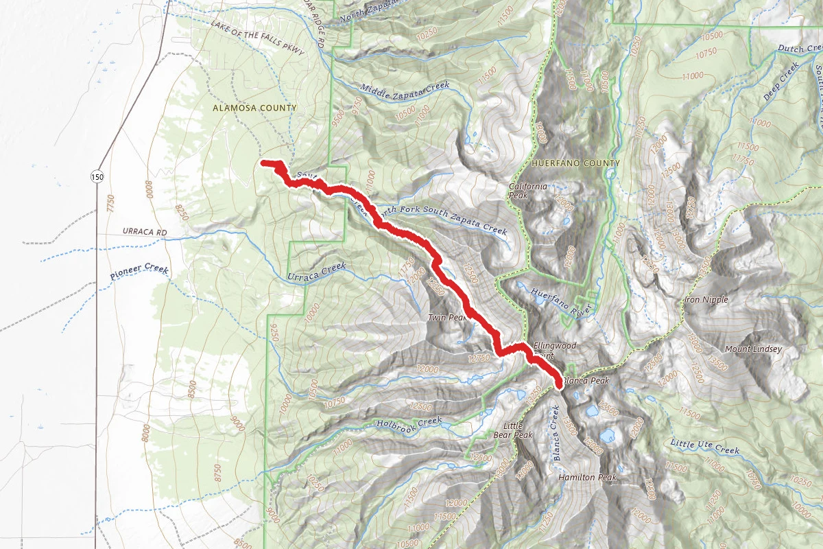 Mount Blanca and Ellingwood Point via Zapata Falls Trail