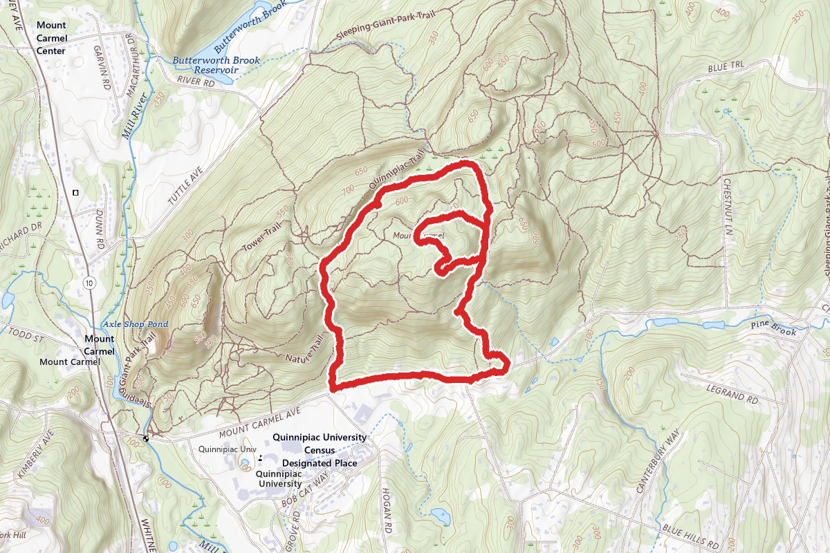 Red Circle, Green Trail, and Red Triangle Trail loop