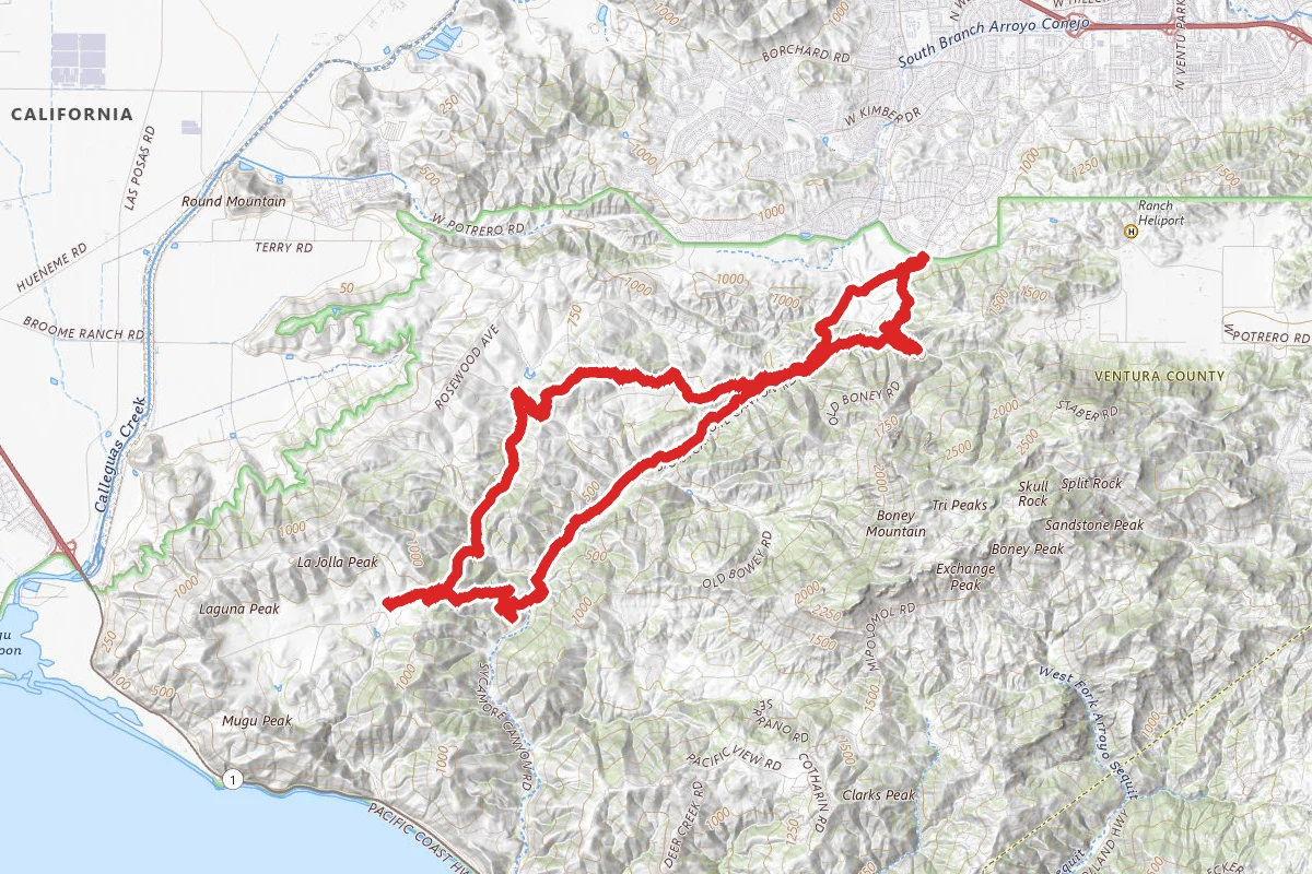 Upper Sycamore Trail to Hidden Pond Trail to Wood Canyon Fire Road to Two Foxes Trail