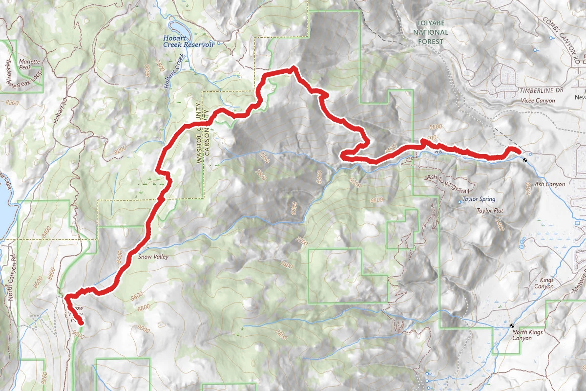 Ash Canyon Road to Snow Valley Peak Trail route map