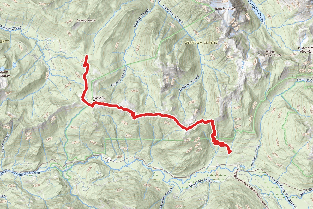 Welcome Pass, Excelsior Peak, and Damfino Lakes from Forest Service Road 3060 via High Divide Trail