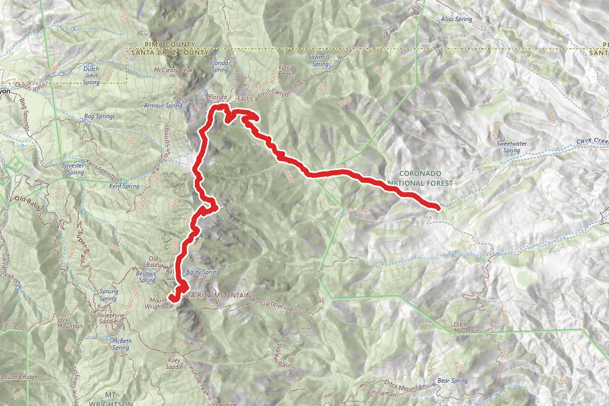 Cave Creek and Santa Rita Crest Trail route map