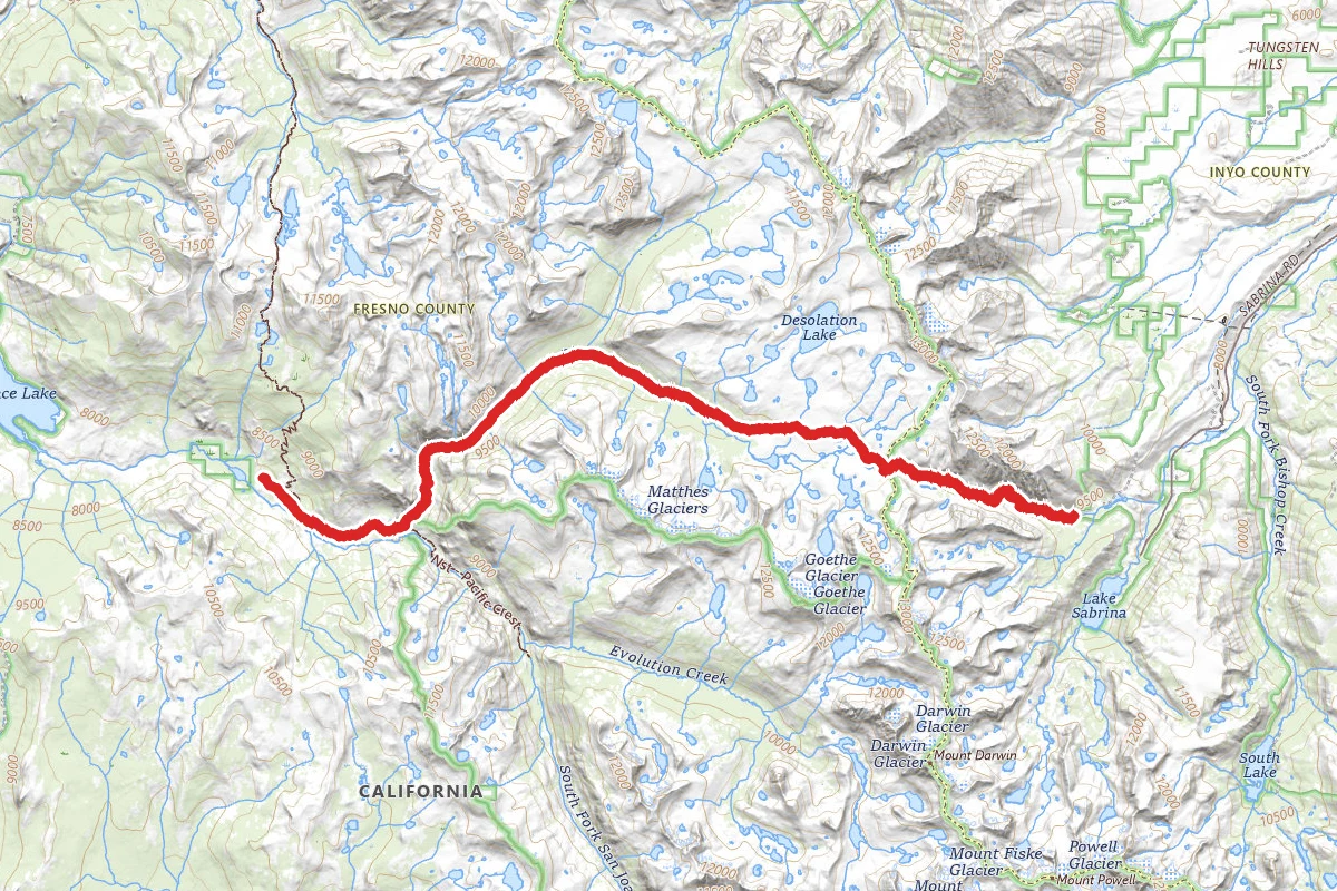 Piute Pass Trail to Muir Trail Ranch via Florence Lake and John Muir Trails