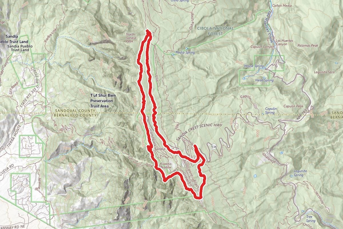 La Luz #137, Crest House Spur #84, North Crest #130, Survey and Challenge Trail #233