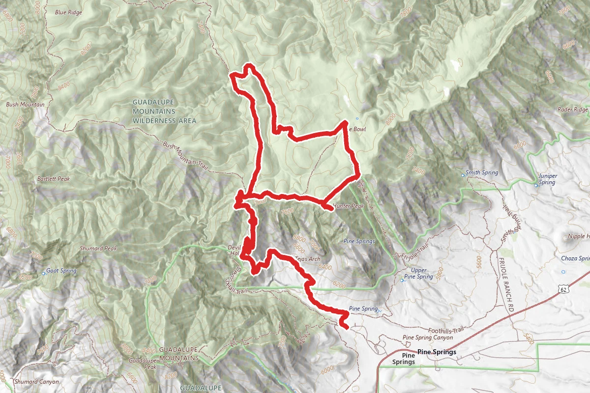 Tejas Trail, Juniper Trail to the Bowl and Hunter Peak
