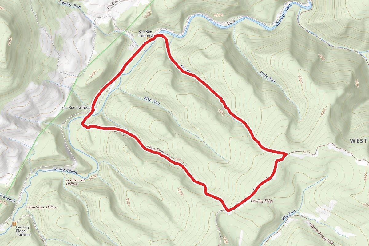 Bee Trail, Leaning Ridge, and Elza Trail Loop along Gandy Creek