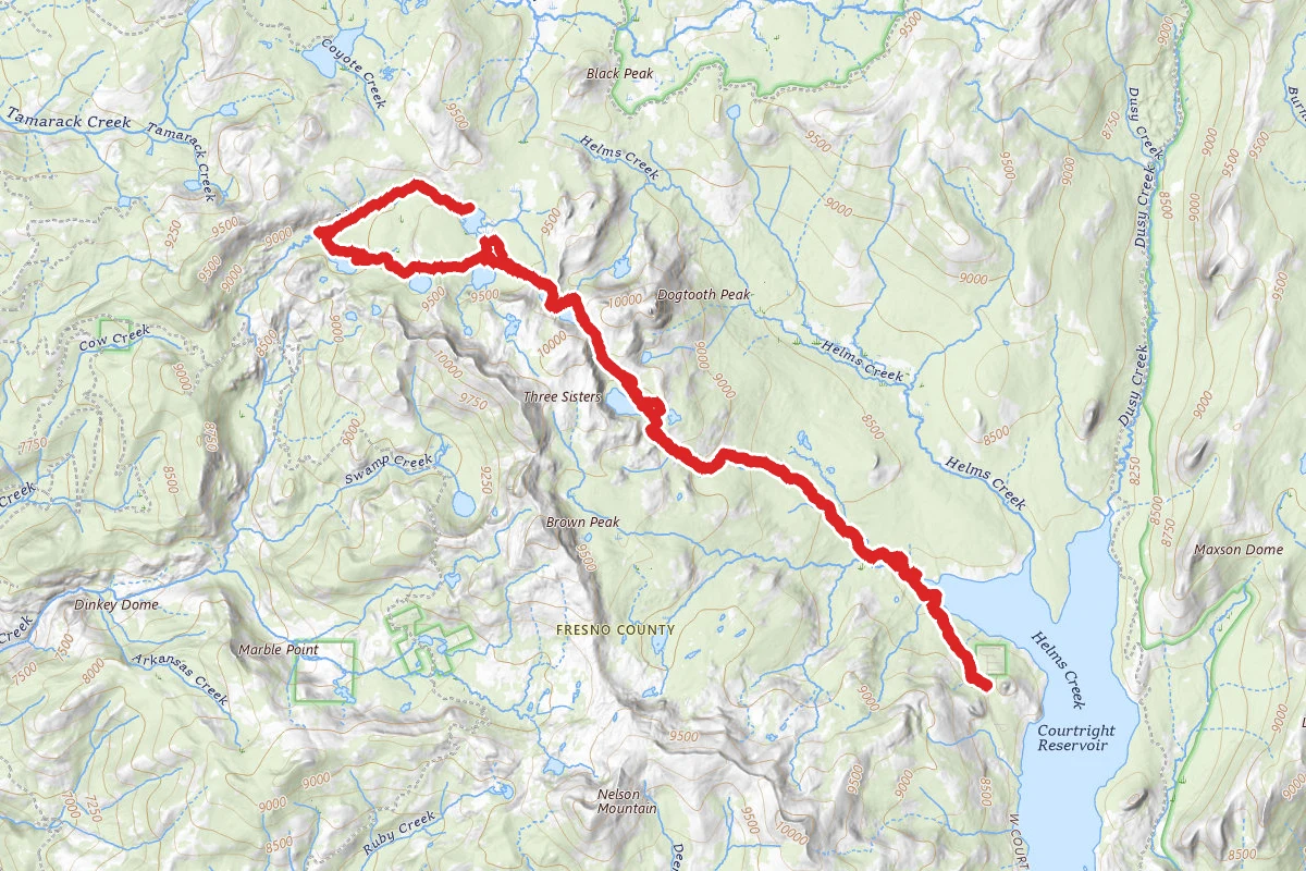 Three Sisters Peak Trail to Cliff Lake, Rock Lake, Second Dinkey Lake, South Lake, Swede Lake, Mystery Lake and First Dinkey Lake