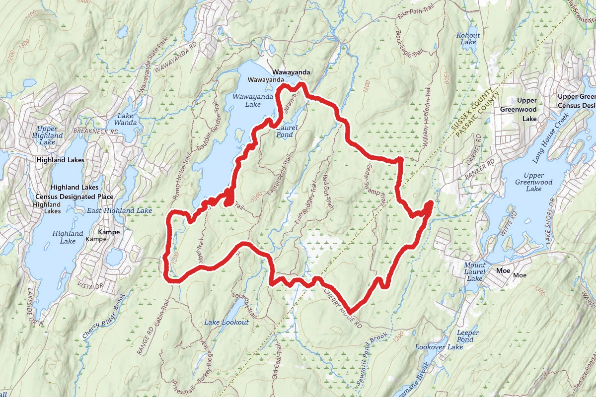 Banker Trail, Double Pond Trail, Sitting Bear Trail, and Cherry Ridge Road Loop