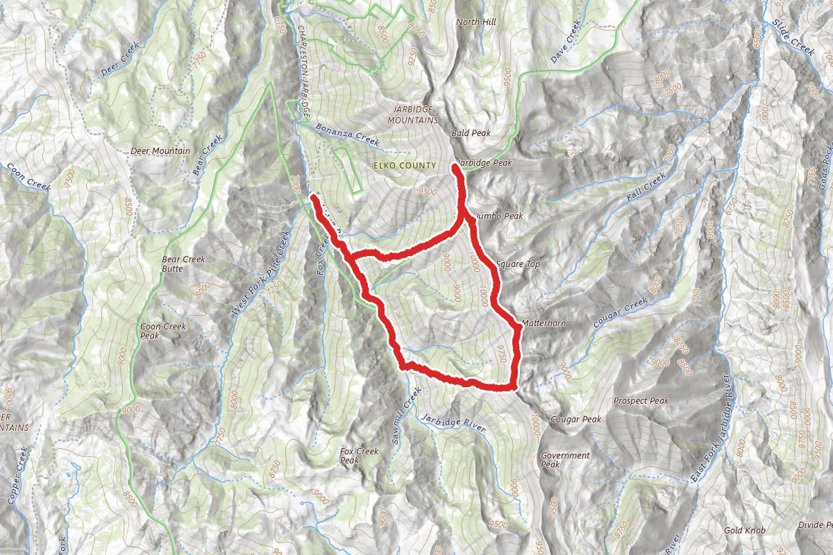 Matterhorn to Square Top to Jumbo Peak to Jarbidge Peak via Pine Creek Campground