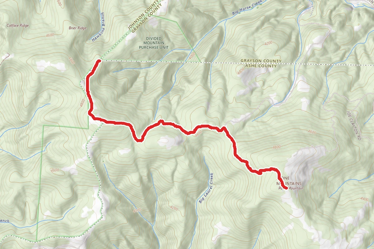 Pond Mountain Trail to Pond Mtn, Stone Mtn, and VA-NC-TN Tri-point