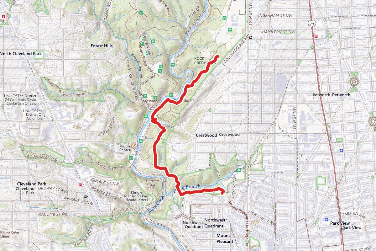 Eastern Ridge via Valley Trail and Piney Branch Trail route map
