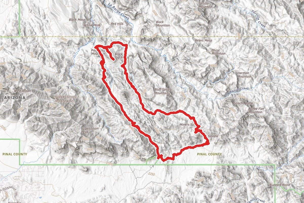 Weaver's Needle via Peralta Canyon, Dutchman #104, Bull Pass Trail #129, Black Top Mesa, Terrapin #234 and Bluff Spring Loop