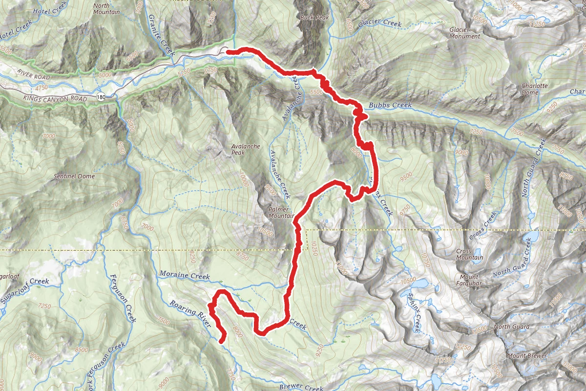 Avalanche Pass Trail to Roaring River Via Kanawyers Trail route map