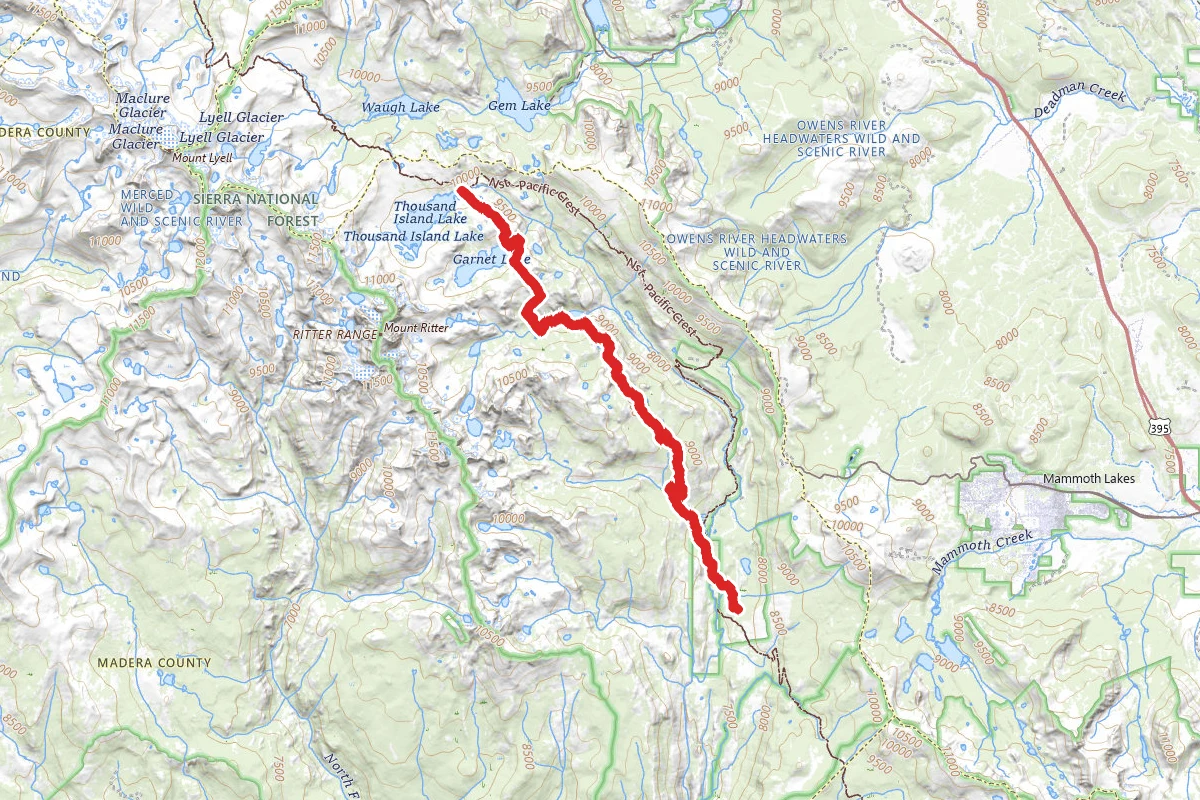Reds Meadow to Gladus Lake, Rosalie Lake, Shadow Lake, Garnet Lake, Thousand Islands Lake
